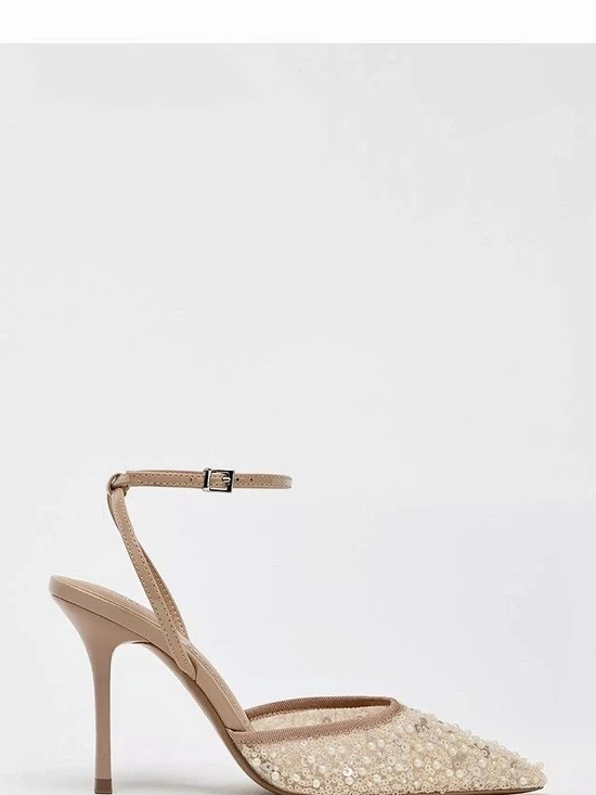 Zara Shoes - Zara Glitter Mesh Slingback Heels Pointed Toe Beige